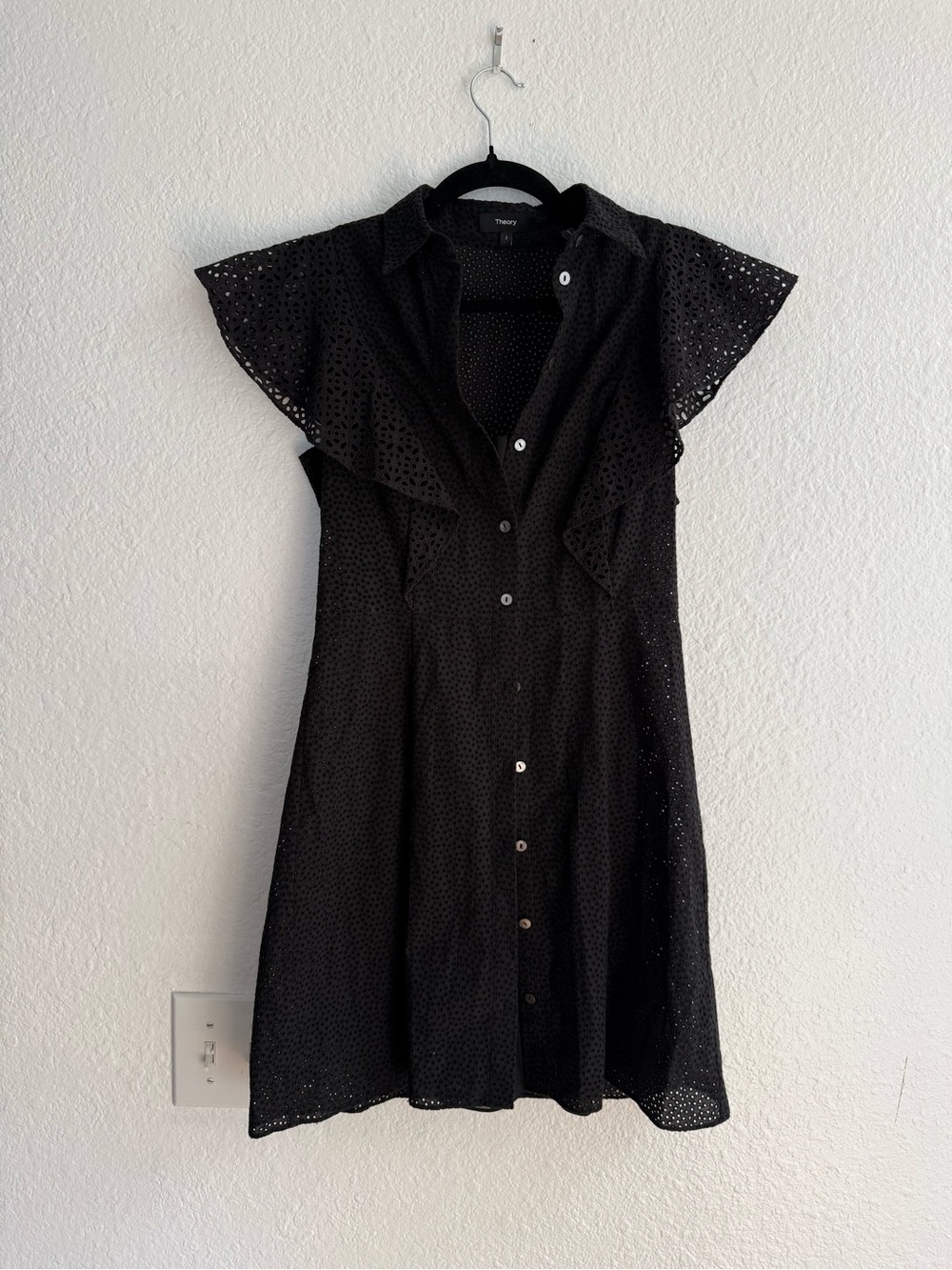 NWOT THEORY Nova Eyelet Ruffle Sleeve Lace Eyelet Casual Mini Shirt Dress - Picture 3 of 6